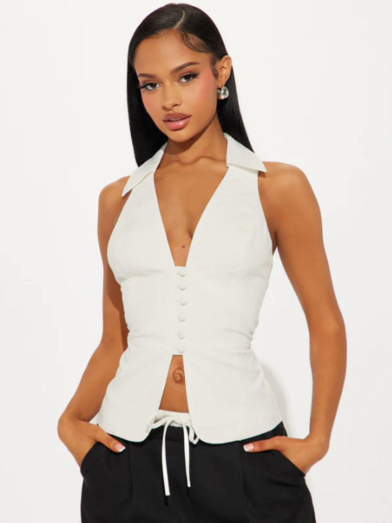 commuter button-down shirt vest, polo collar, solid color, V-neck, sleeveless, fitted waist, stylish European and American top c5
