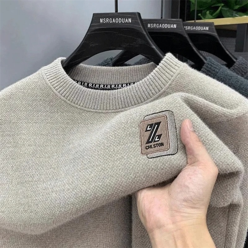 Men's Sweatercoat Autumn Winter O-Neck Knit Letter Plush Fleece Lined Warm Wool Pullover Sweater Men Bottoming Pullovers Jumper260915ww