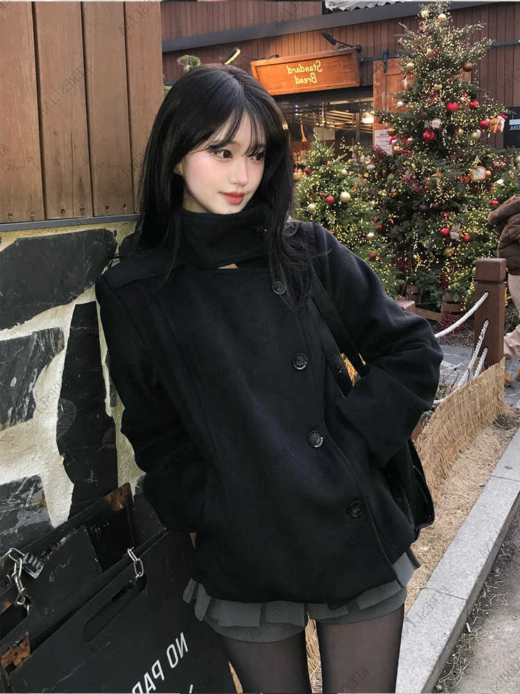 Winter Solid Black Turtleneck Autumn Coat Y2K Punk Goth Harajuku Hip Hop Double Breasted Loose Casual Fashion Street Outerwear H260917