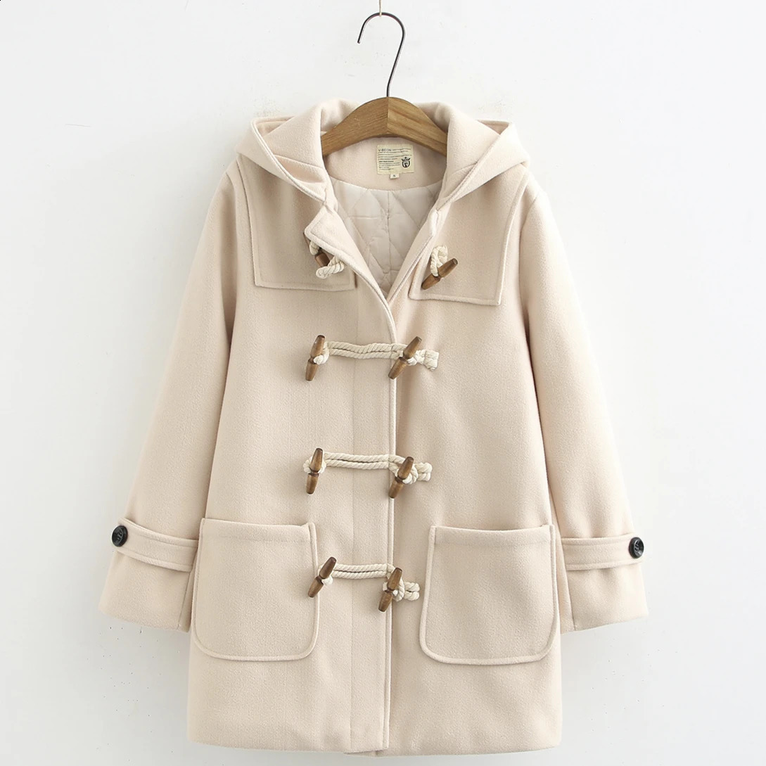 Wool Coat Women Jackets Coats Blends Hooded Horn Button Full Sleeve Thick Casual Y2k Streetwear Elegant Spring Autumn Warm 260917