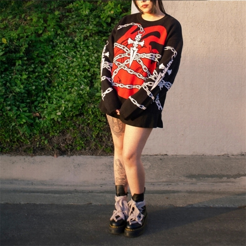 Women's Retro Harajuku Knitted Sweater Winter O-Neck Pullover Streetwear Letter Print Warm Cozy Knit Sweater for Ladies 260916