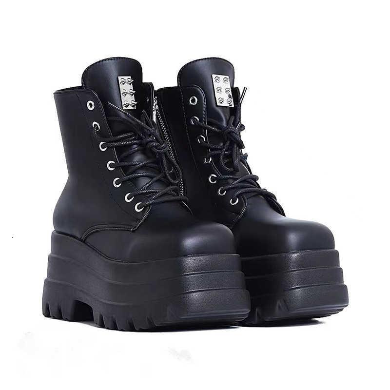 Platform Punk Style Wedges Women Boots 2026 Autumn Soft Leather fashion Metal Female Lace Up High Heel Gothic Shoes Black D260917