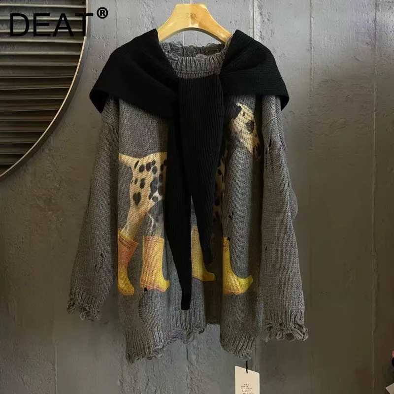 2026 Autumn New DEAT American Style Printed Design Brokwn Holes Sweater Loose Fit Pullover With Shawl Two-Piece Set 11B9985 J260916
