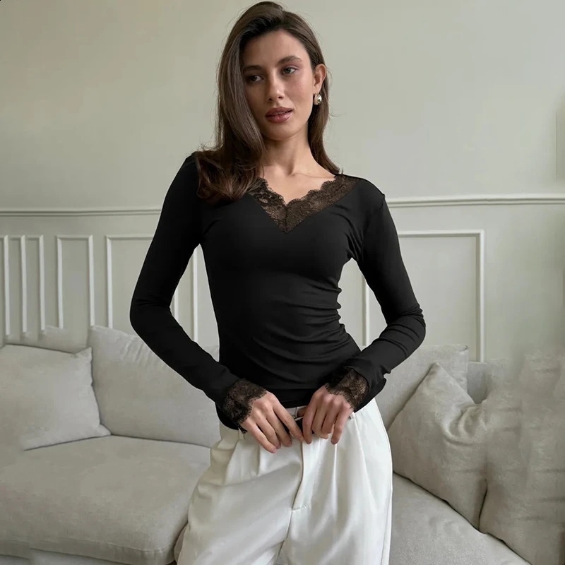 Tornova V neck Lace T shirt Top Women Sexy Navel Exposed Pullover Fashion Splice Girl Club Party Top Autumn Lady T shirt 260917