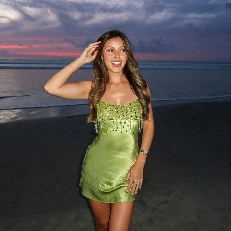 Sequin Tassel Beach Mini Dress Women Satin Spaghetti Straps Square Neck Party Club Short Skirt Summer Vacation Dresses 260917