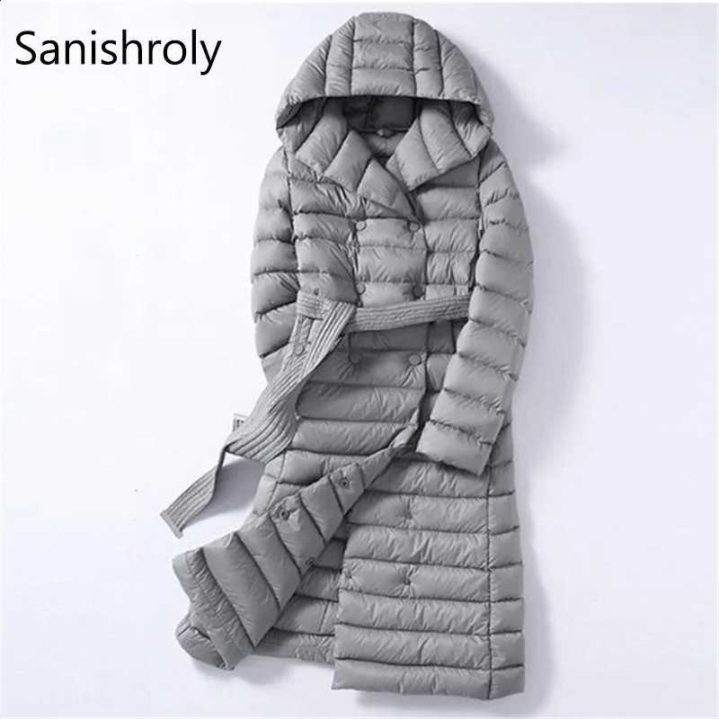 Sanishroly 2022 Winter White Duck Down Puffer Jacket Women Long Ultra Light Down Coat Parkas Female Hooded Outerwear With Belt H260917