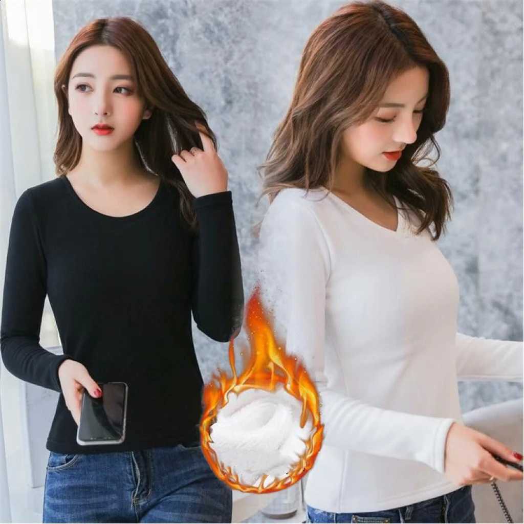 1pcs Womens Thermal Solid T Shirt Round Neck Velvet Elastic Basic T-shirts Female Casual Tops Lady Long Sleeve Sexy Warm T-shirt H260916
