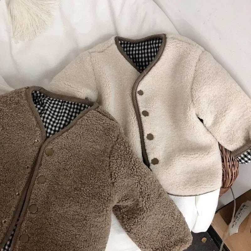 Style Winter Children Double Korean Sided Outerwear Plush Plaid Collarless Quilted Jacket Boy Girl Warm Casual Coat E89338-1 J260917