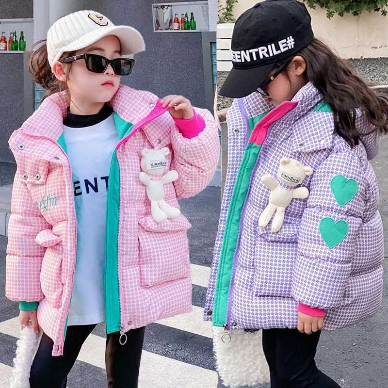 2025 Winter Keep Warm Princess Girls Jacket Grid Design Padded Lining With Velvet Hooded Heavy Coat For Kids Sent Bear DollT260916