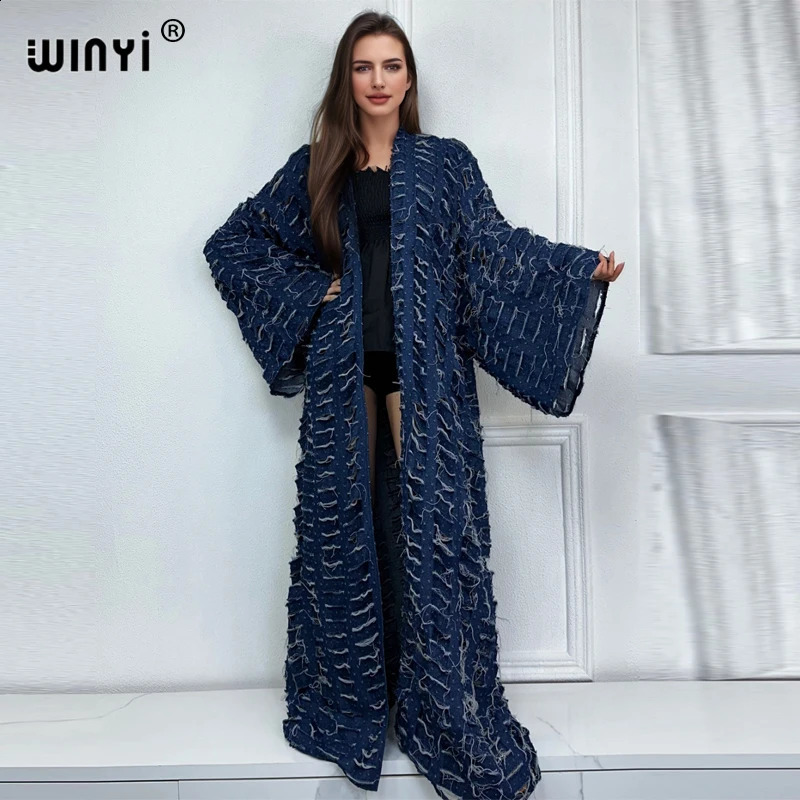 WINYI Faashion Coat for Women 2023 Loose Overcoat Autumn Hollow Denim Long Down Swimsuit Cover Up Winter Kimono 260917