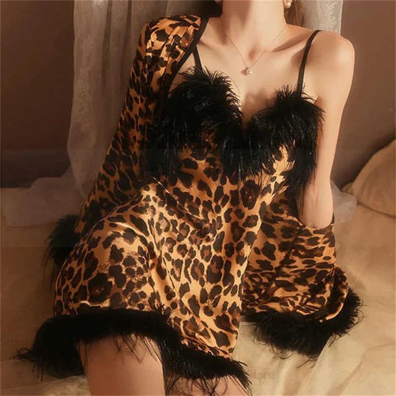 Luxury Feather Trim Nighty Robe Set New Leopard Nightwear Women Rayon Lingerie Pajamas Suit Summer Kimono Bathrobe Loungewear
