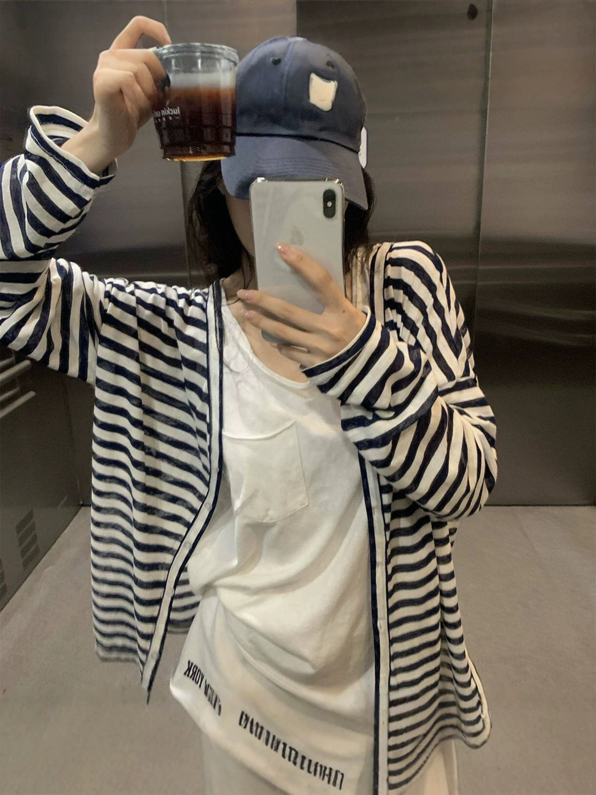 Korean-style retro striped semi-transparent cardigan long-sleeve jacket for women, loose-fitting design, niche casual sun-protective cover-up top 46