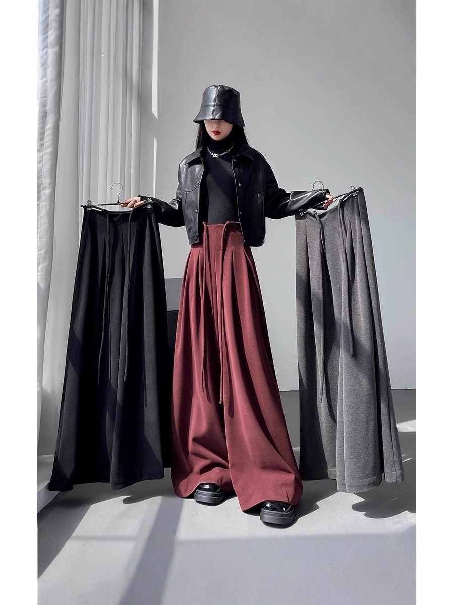 Dark-colored, solid-color wide-leg pants for women, featuring drawstring high waist, floor-length design, loose fit, and stylish, draping effect, ma