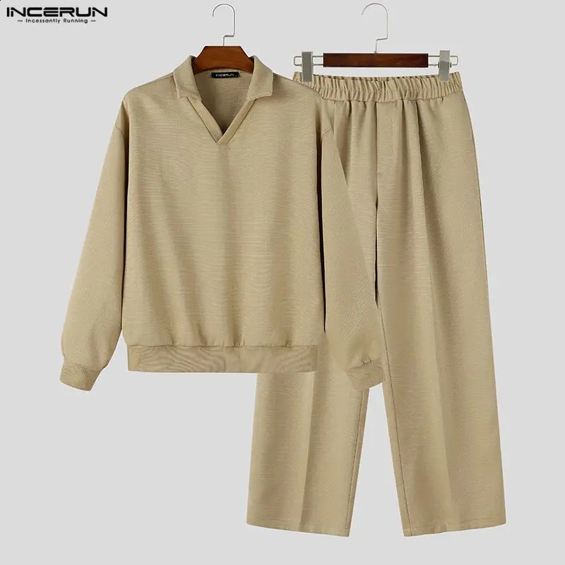 INCERUN Mens Sets Solid Color V Neck Long Sleeve T Shirt Pants Two Piece Loose Streetwear Autumn Casual Matching 2026 260914