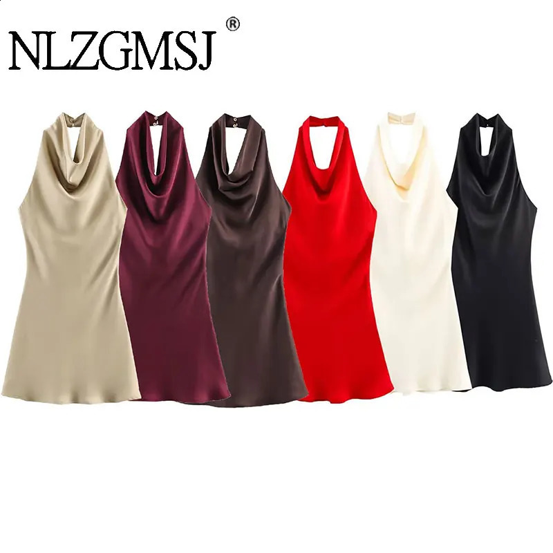 NLZGMSJ Satin Women Party Dress Spring Summer Backless Sleeveless Halter Slim A Line Short Mini Dress Y2K 260917