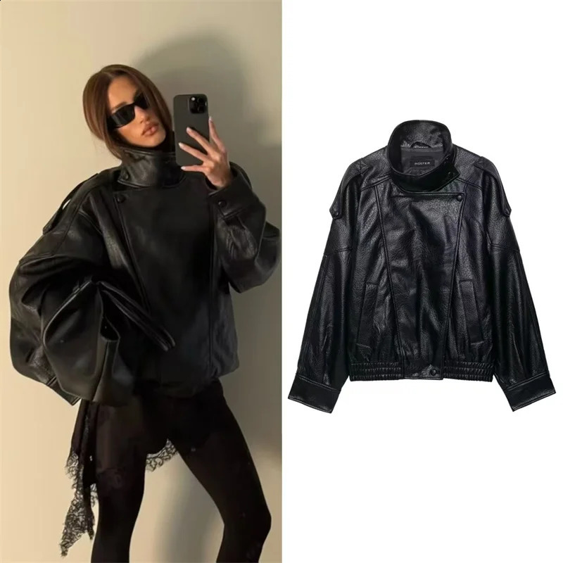 Women's Jacket 2025 Autumn Style Black Long-Sleeve Faux Leather High-Neck Biker Style Jacket Trendy and Fashionable 260916