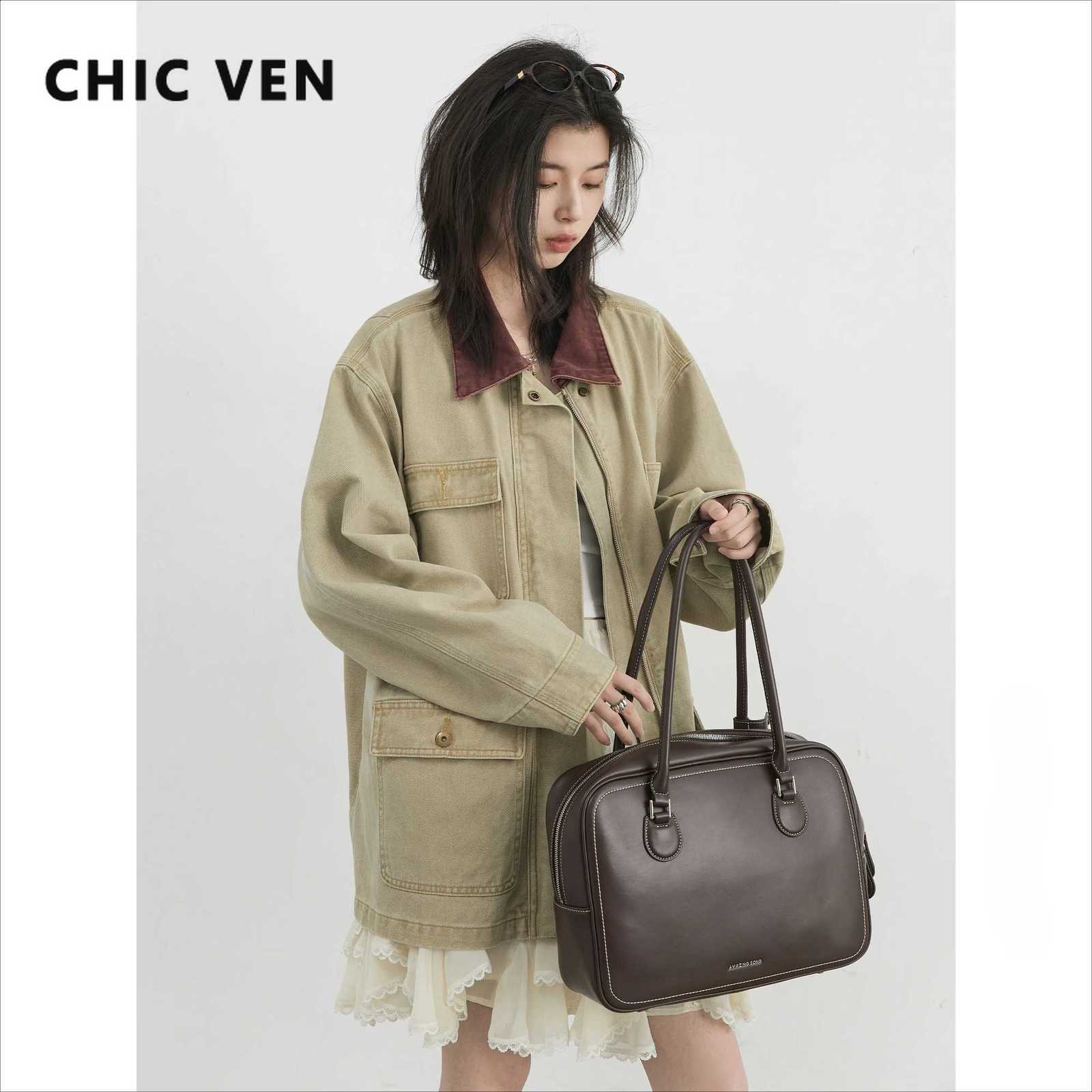 Jackets Women CHIC Solid VEN Loose Casual Contrast Collar Denim Jacket Female Workwear Coat Outdoors Clothing Spring Summer 2025 H260905