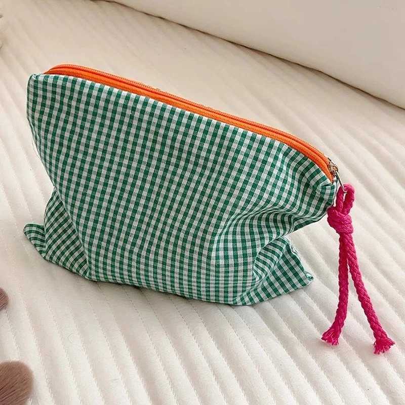 Plaid Large 1Pc Capacity Makeup Bag Cotton Zipper Pouch Travel Cosmetic Organizer Women Storage Purse Green/Purple/Blue/OrangeT260917