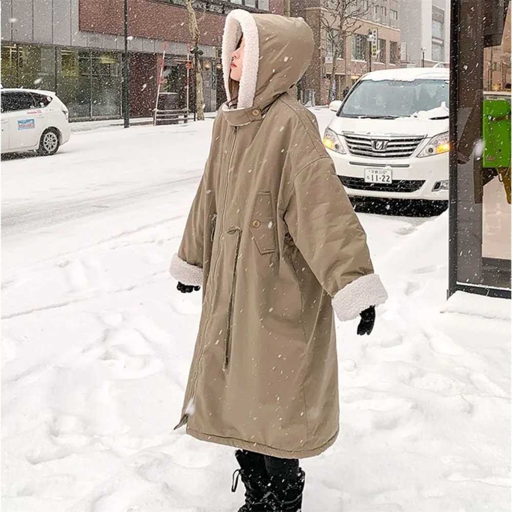 2025 New Winter Velvet Snow Parkas Warm Hooded Coat Casual Female Long Overcoat Lamb Wool Cotton Jacket Women's Korean Loose H260917