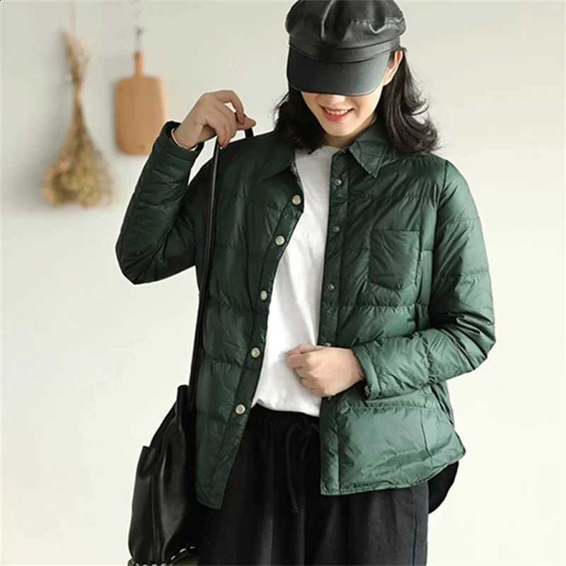 Autumn Winter Retro Pocket Casual Shirt down Coat Women Light Thin White Duck down Jacket Parkas Lady Short Warm Puffer Outwear H260917
