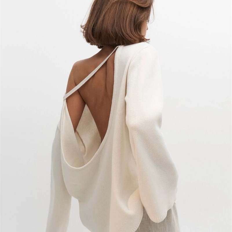 Original Backless O-neck Cotton Knit Sweater Autumn and Winter Women Simple Loose Soft Warm Elastic Daily Office Casual Sweater 260911ww