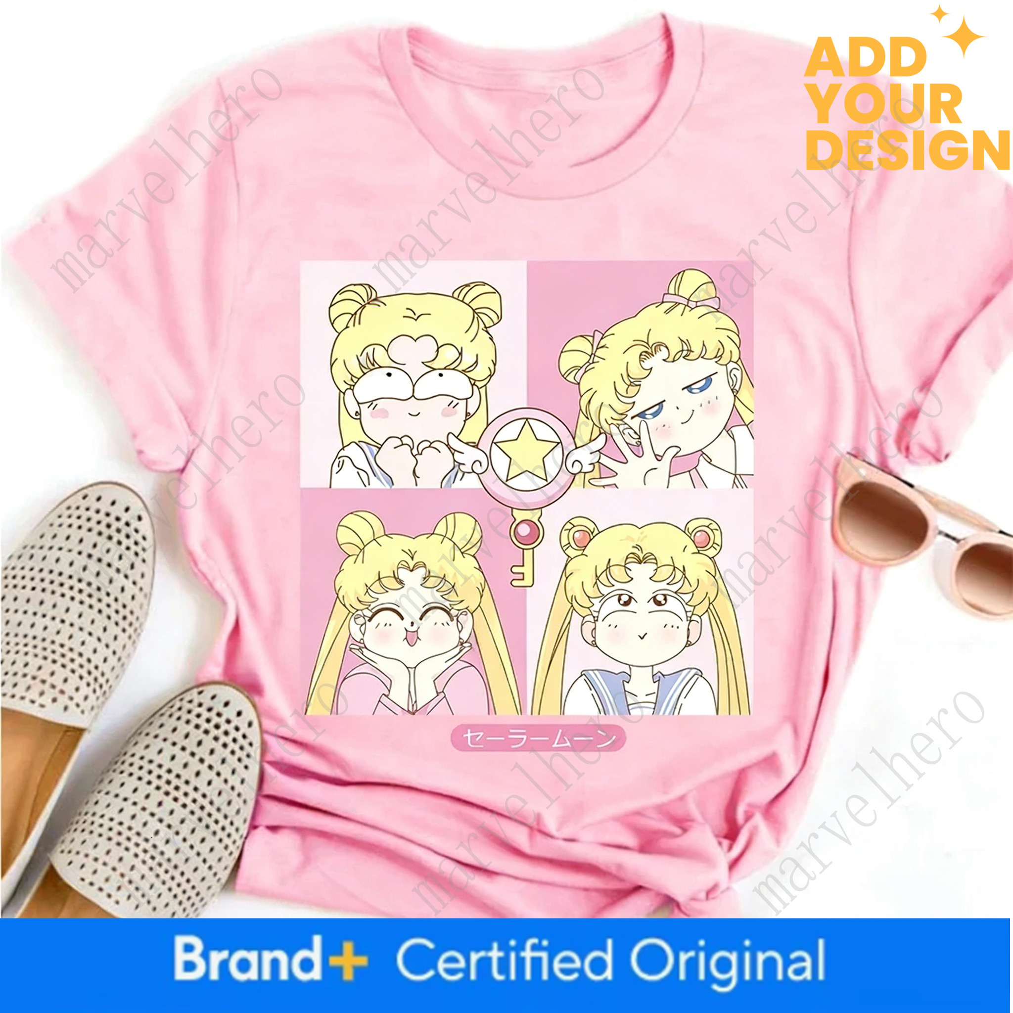 Summer Sailor Moon Four Grid Emoji Pack Soft Street Trend Cotton Print Loose T Shirt Male Female Top Y2K