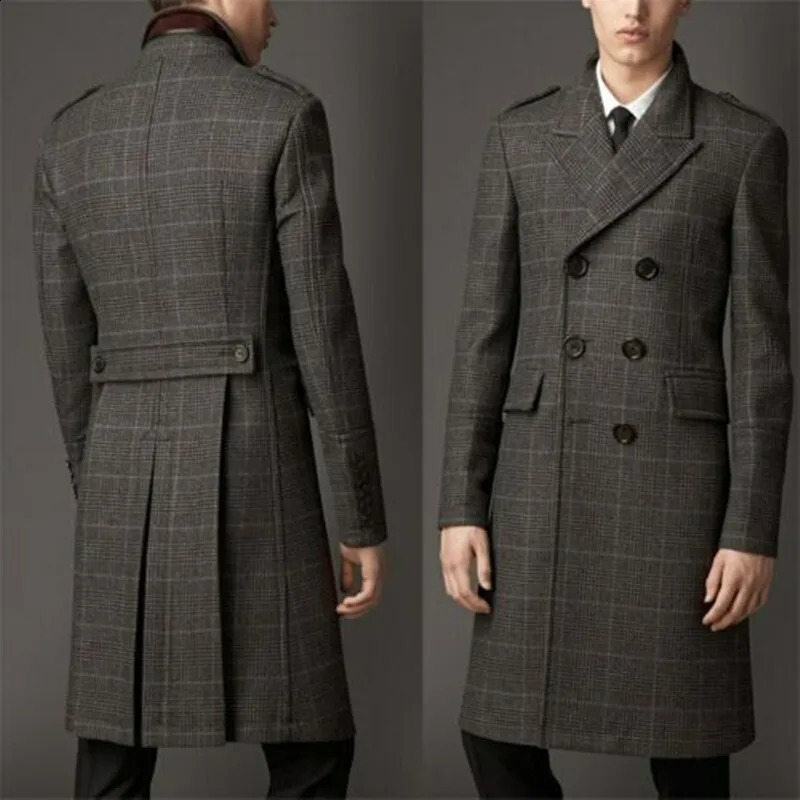 Wool Blend Coat Men Winter Over Jacket Double Breasted Checkered Business Long Overcoat Plus Size Warm Formal Business Tailored 260916