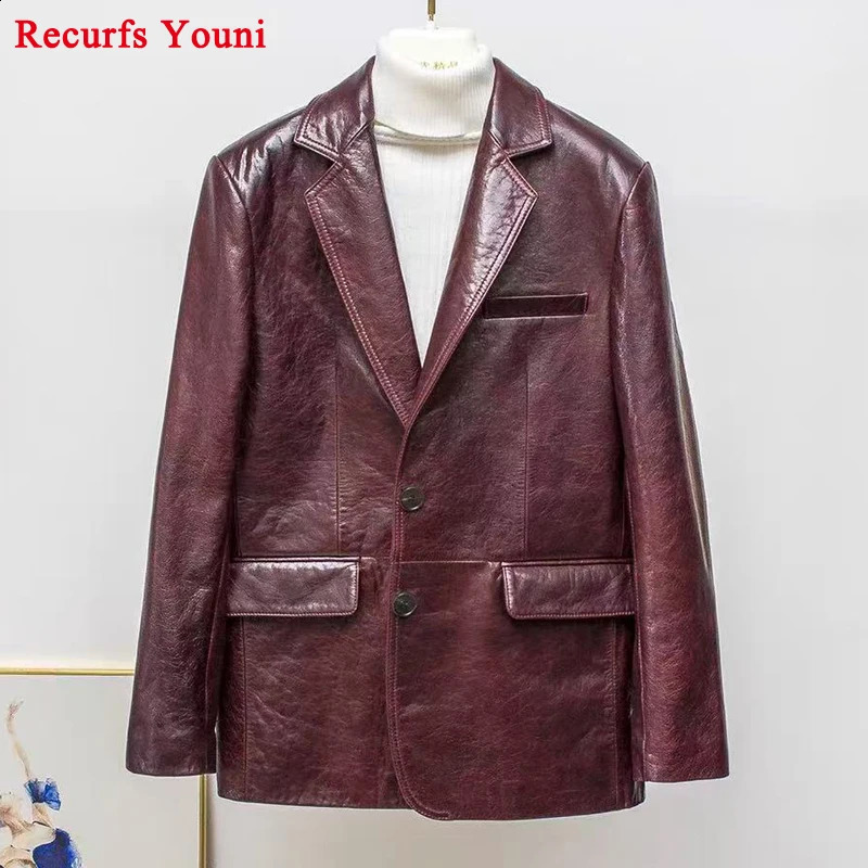 Oil Wax Leather Burgundy Suit for Women 2026 Winter Genuine Sheepskin Black Coat Back Split Flip Pocket Jacket Blazer Feminino 260916
