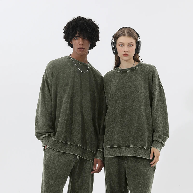Oversize Top High Street Retro Solid Color Worn Looking Washed-out Men's and Women's Hip Hop Loose American round Neck Sweater 260917