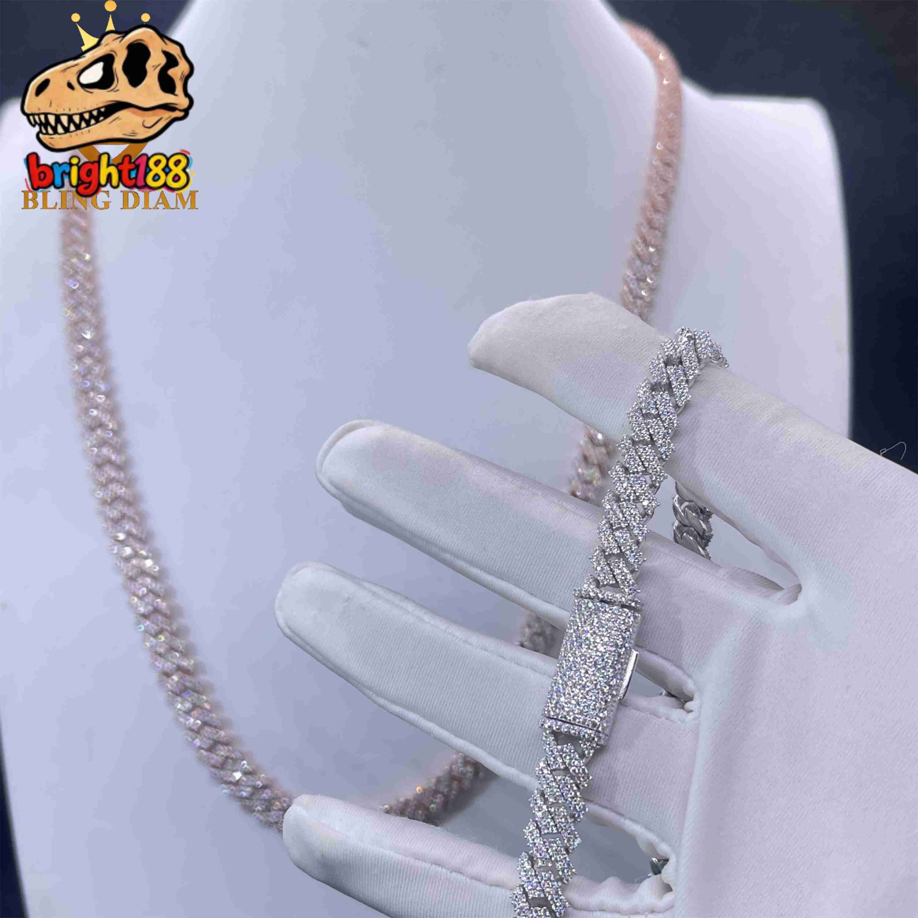 10mm Hip Hop Jewelry 2 Rows Moissanite Iced Out Miami Rose Gold Cuban Link Chain 925 Sterling Silver Necklace for Men