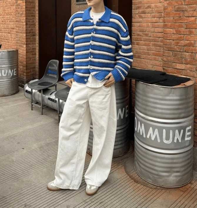 and White Striped Lapel Blue Knitted Cardigan Men's 2026 Autumn Loose Sweater Jacket J260916