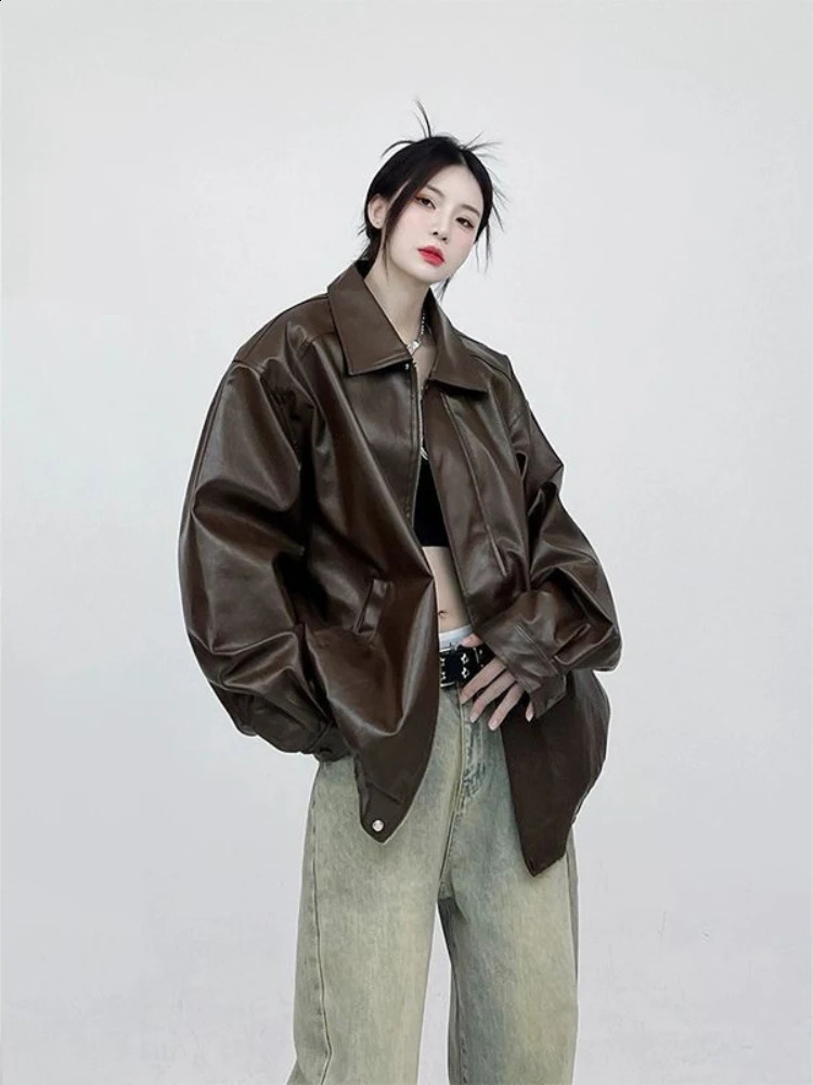 2025 PU Leather Jacket Woman Solid Color Hip-hop Jacket Top Motorcycle Style Faux Leather Jacket for Women 260916