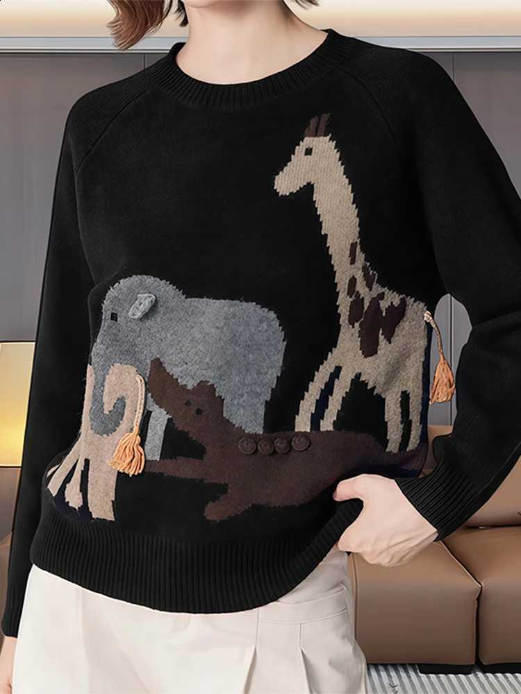 round Sleeve Loose Long Neck Knitted Sweater Women's Casual Comfortable Warm Top Korean Style Commute Fashion Animal Pattern J260916