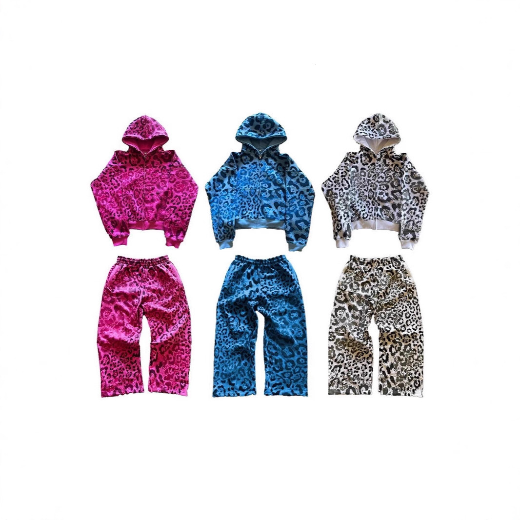 In Stock Trendy Brand New Winter European American Leopard Print Hooded Cardigan Loose Casual Hip-Hop Sweatshirt and Sweatpants Set 27
