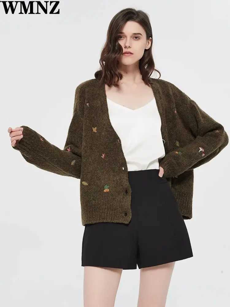 knit Vintage XNWMNZ women cardigan with embroidery Long sleeves V-neck ribbed trims Cardigan Female Elegant sweater Outerwear J260916
