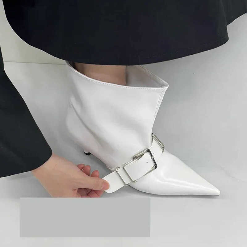 Toe Metal Strap Pointed Short Boots For Female Women Thin High Heel 2024 New Leather Fabric Elegant Sexy Winter Shoes D260917