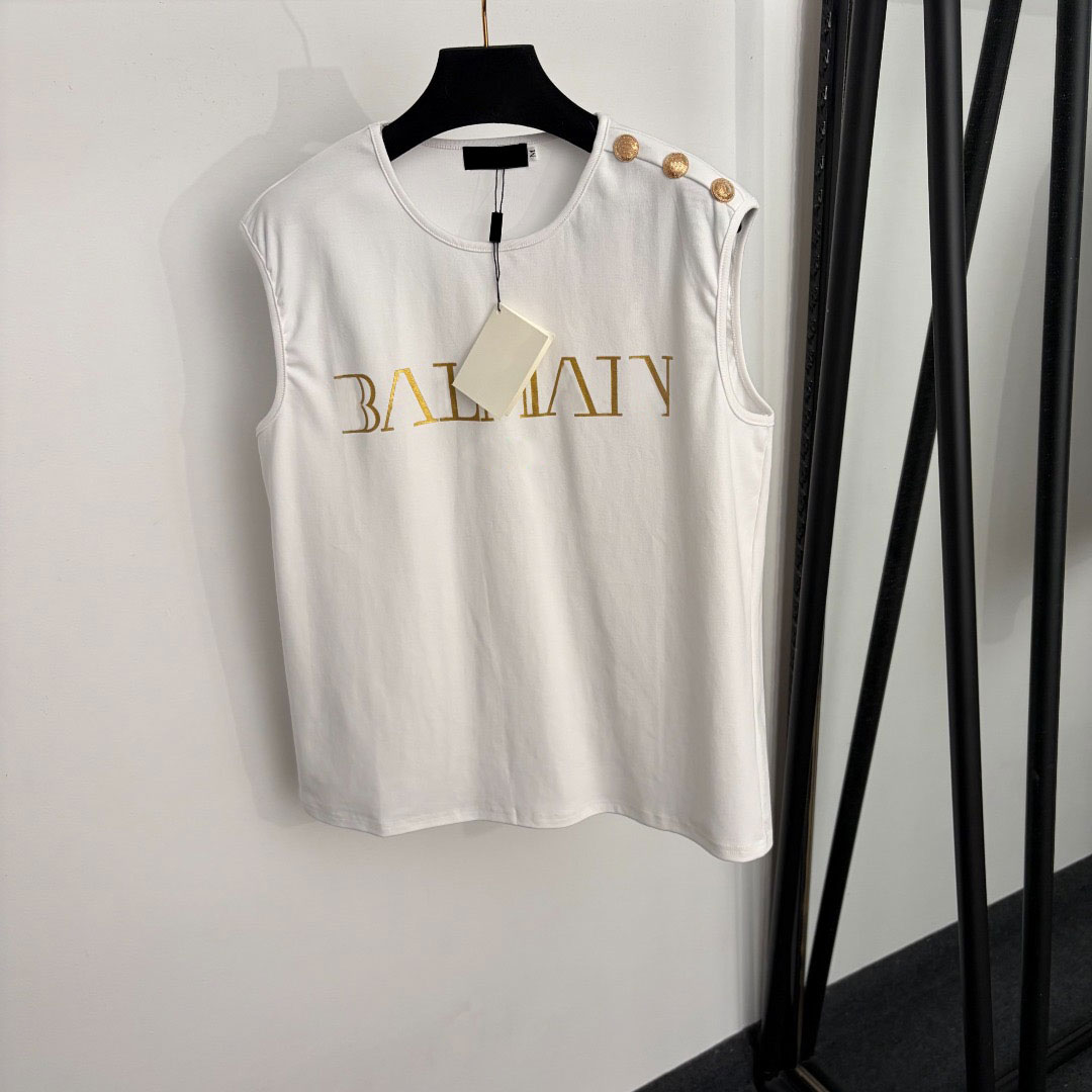 2026 Designers Women's Shirt Letter Shirt T-shirt with shoulder buttons, gold lettering printed vest, white black Tops crop ladies top Luxurys
