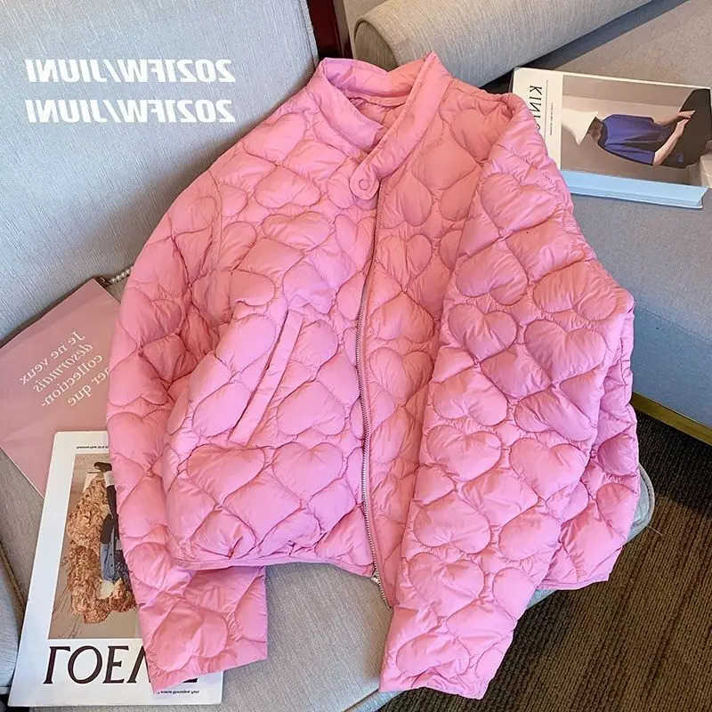 Padded Women's Parkas Lightweight Cotton Jackets Heart-shaped Quilted Cotton Coat Pink Zippers Stand Collar Loose Long Sleeves H260917
