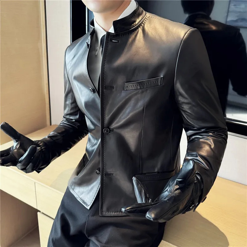 Autumn Chinese Style Stand Up Collar Leather Jacket Men's Motorcycle Jackets Highend Casual Business Short PU Coats 260916