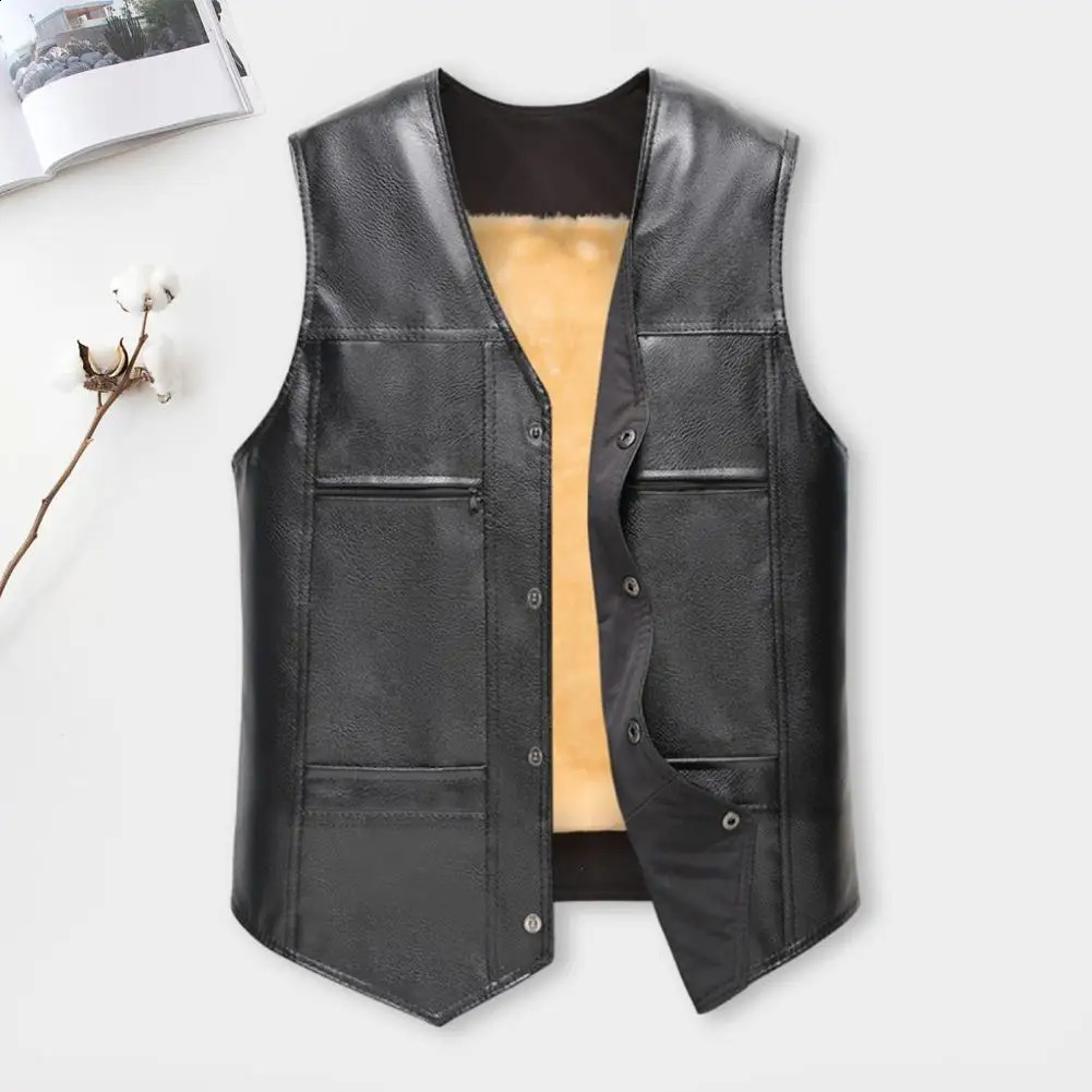 Faux Leather Waistcoat Men Motorcycle Vest Coat Warm Autumn Winter Single Breasted V-neck Sleeveless Jacket 260917