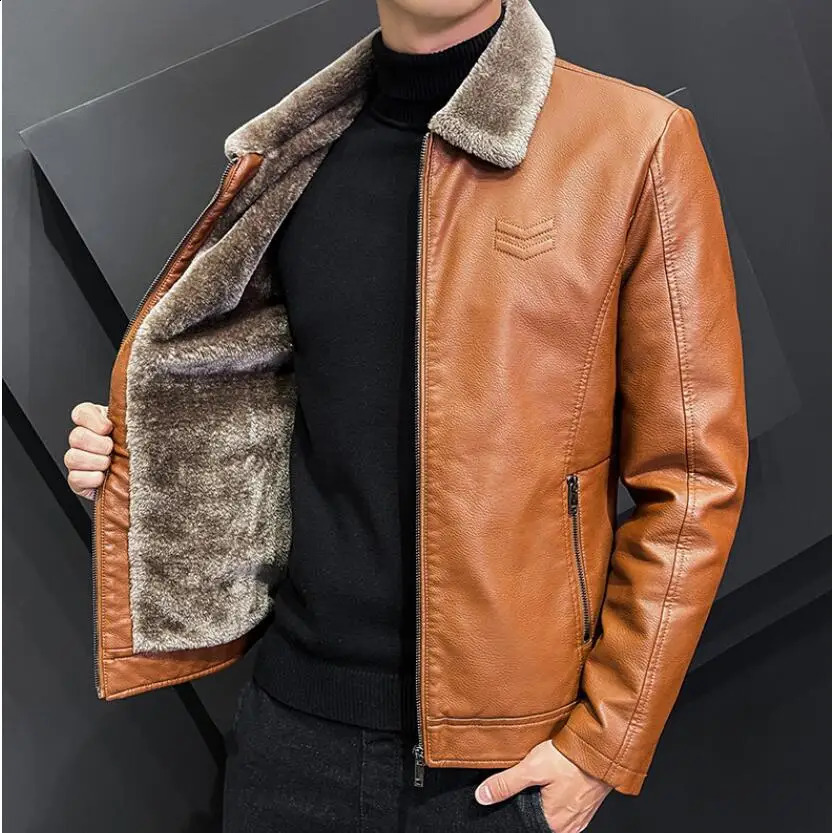 Winter Fashion Warmth Thickened Leather Jacket Lapel Solid Zipper n Plus Size 4XL-M Bomber Coat Men's Leather Jacket 260917