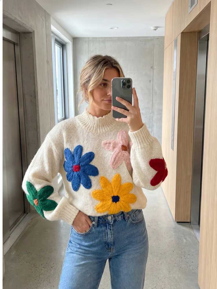 2026 Women Autumn Winter Floral Knit Pullovers Sweaters Female Half-high Collar Loose-fitting Sweater X260916