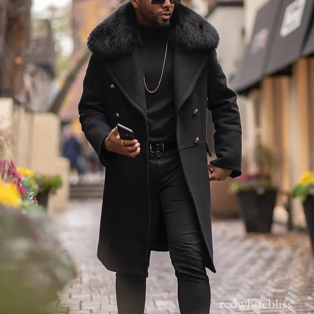 Winter Men Fur Long Woolen Coat Straight Lapel Button Pocket Solid Black Fashion Oversize 4Xl Office Casual Warm Outwear Tops