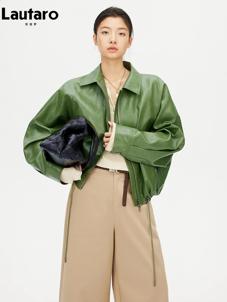 Lautaro Spring Autumn Green Short Pu Leather Jacket Women with Zipper y ner Clothes Loose Casual Korean Fashion 2026 260916
