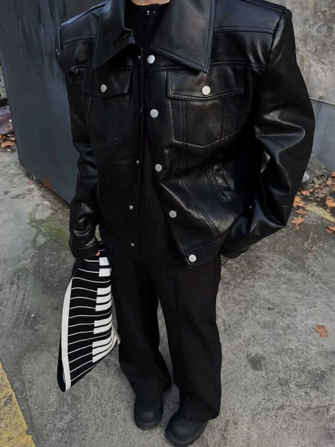Men's Black Faux Leather Jacket Stand Collar Zipper Biker Coat Snap Button Motorcycle Trendy Streetwear American Casual 260916