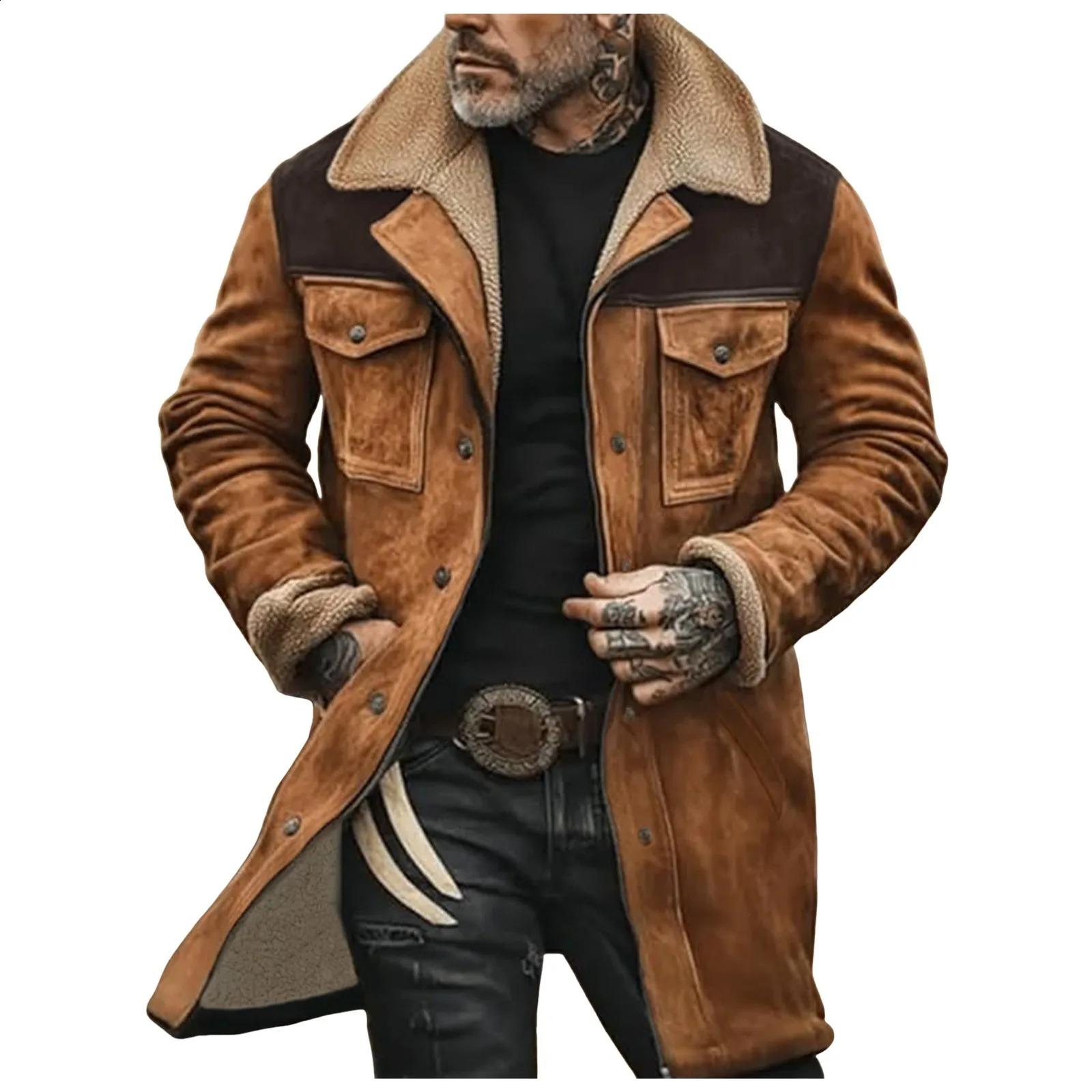 Men'S Winter Jacket Medium Long Leisure Suede Color Blocked Cotton Jacket With Multiple Pockets And Zippered Retro Coats 260916
