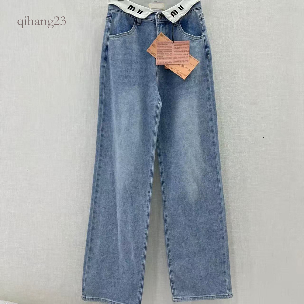 Straight Leg High Waisted Miu Jeans High Waist Jeans Women Designer Cowboy Fabric Washed Blue 2026 Diamond Embroidery Versatile Slimming Wide Leg Pa
