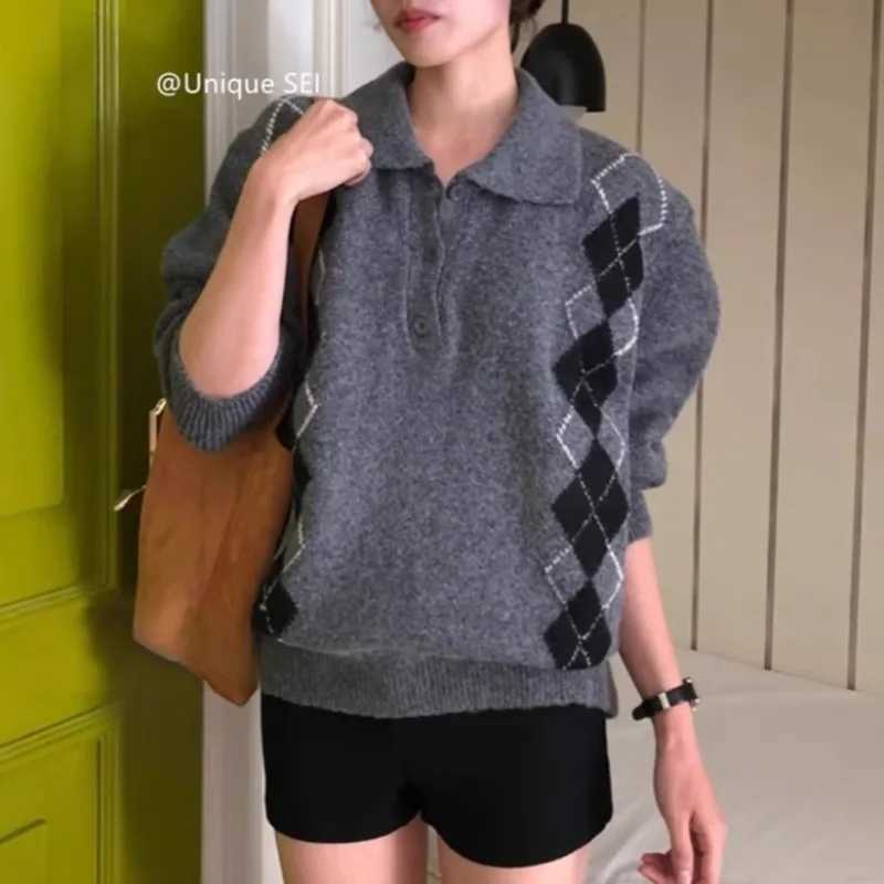 Turn Down Collar Diamond Plaid Loose Long-sleeved Sweater Women 2025 Winter New Korean Patchwork All-match Knitted Pullover S2609179IE2
