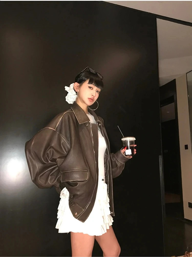 Spring Autumn Cool Handsome Retro Oversized Distressed Brown Soft Faux Leather Jackets for Women Zipper Runway Fashion 260916