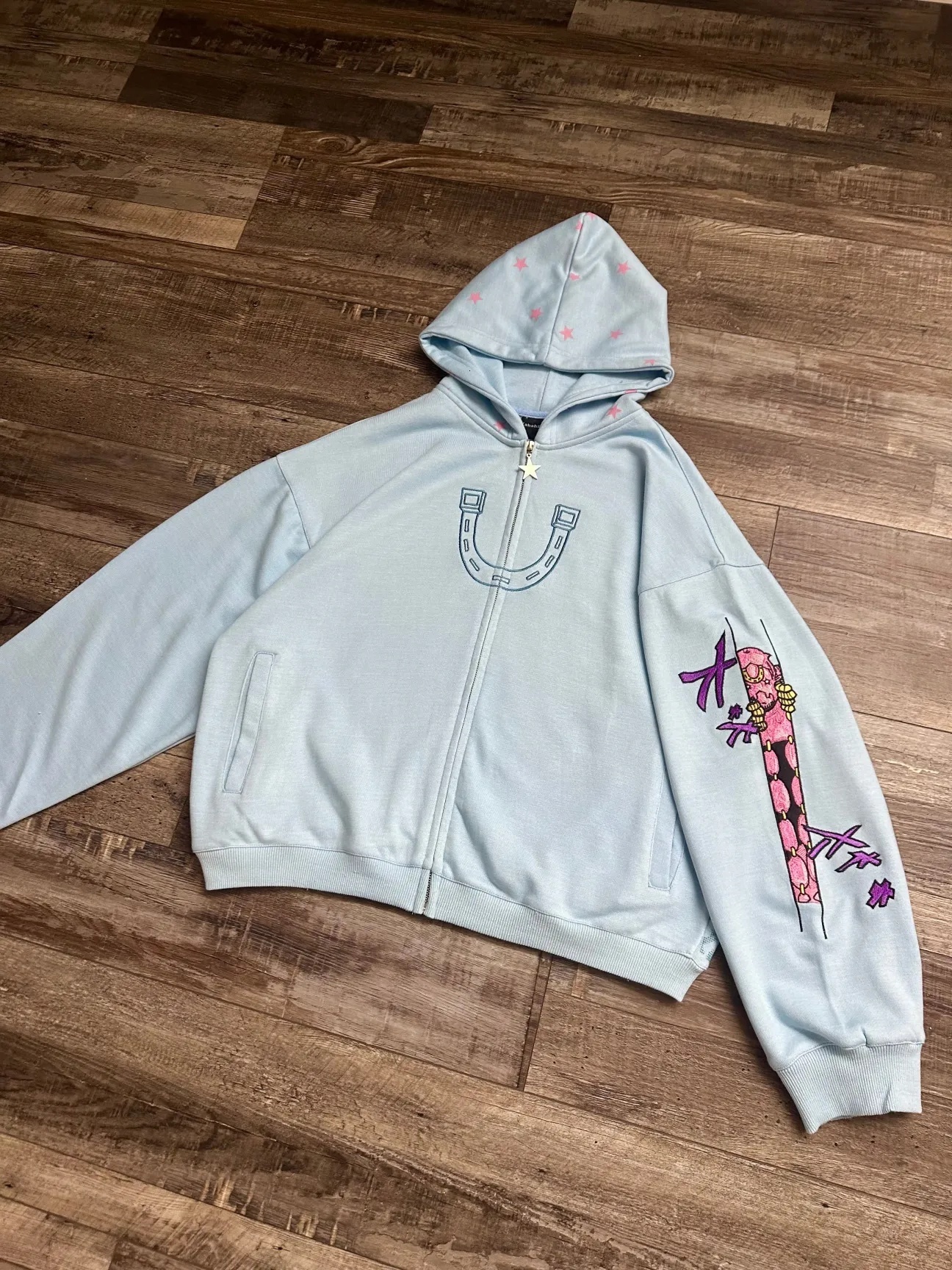 Women Shahzad Clothing Joestar Style Zip Hoodies Men Jojo Designer Fashion Light Blue Star Tusk Print Oversized Embroidery Couple Sweatshirt Tops